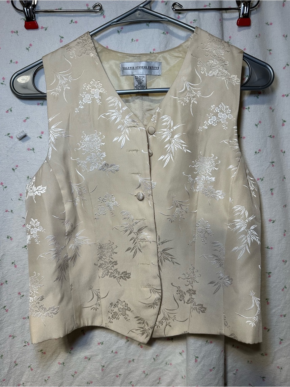 Valerie Stevens Petite Satin Floral-Embroidered Vest in Cream and Silver